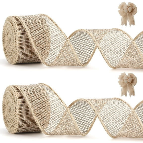 Natural Jute Burlap Wired Ribbon for Gift Wrapping, Christmas Tree Ribbons, Crafts, Wreaths, Thanksgiving - 1 1/2 Inch x 10 Yards, 2 Rolls