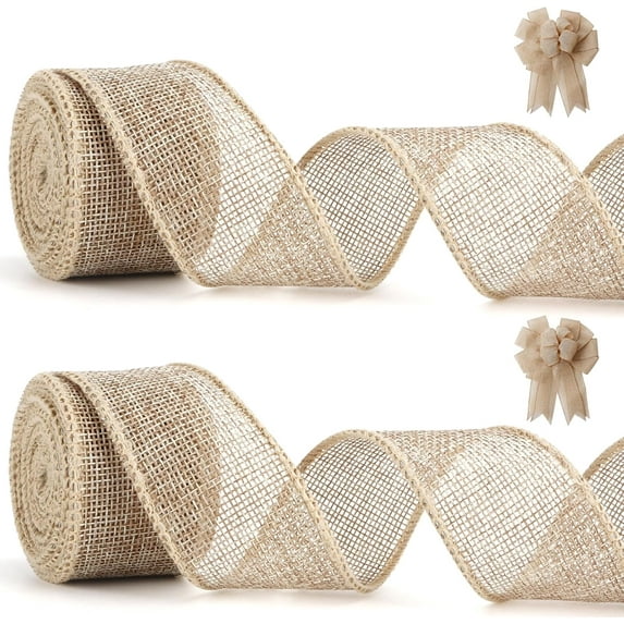 Natural Jute Burlap Wired Ribbon for Gift Wrapping, Christmas Tree Ribbons, Crafts, Wreaths, Thanksgiving - 1 1/2 Inch x 10 Yards, 2 Rolls