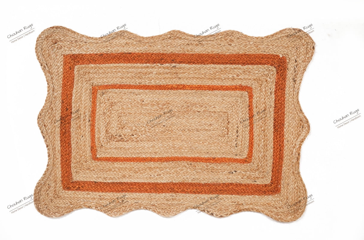 Natural Jute Hand Braided Area Rug Orange Scalloped Pattern Rectangle Rug