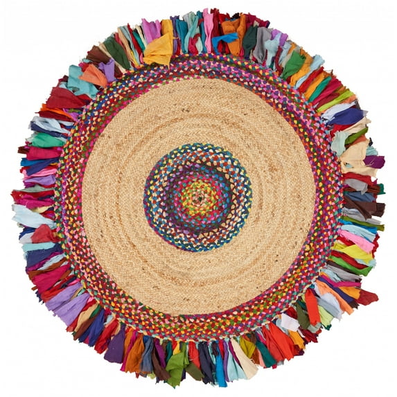 Natural Jute Multicolored Medallion Area RugÂ with Fringe