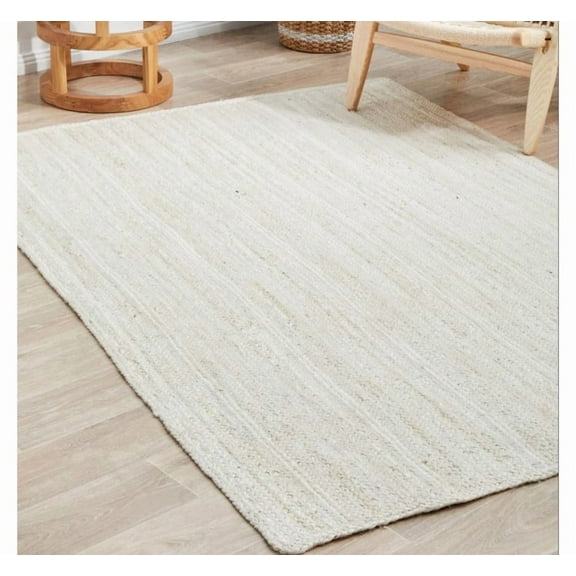 Natural Jute Rectangular Rug Handwoven Braided Rustic Off-White Farmhouse Reversible Carpet_5'X7'