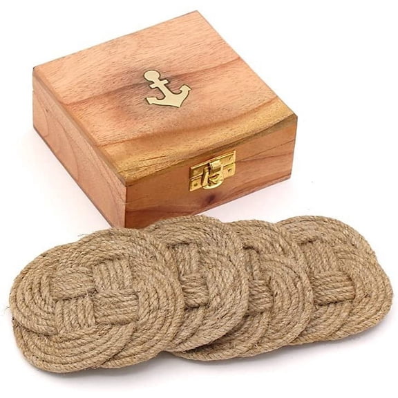 Natural Jute Rope Coasters for Beverages, Surface-Protecting, Vintage Woven Coasters for Table Care, Absorbs Moisture Well, Handcrafted Sailor Coaster Set with Hard Wood Storage Case, Set of 4