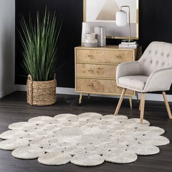 Natural Jute Round white Color Hand Braided Home Area Rug Living room Area rug Indoor Outdoor Carpet Door Mat-8x8 Square Feet (96x96 Inch)