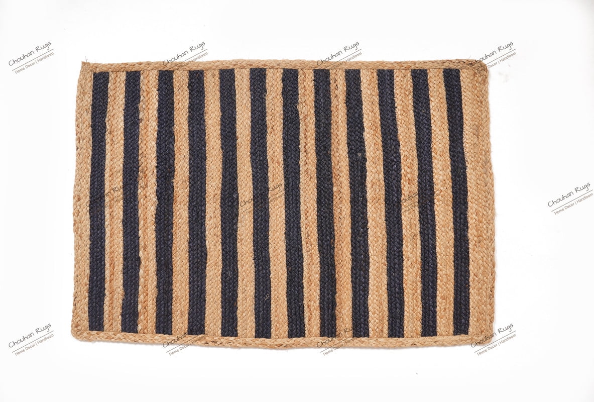 Natural Jute Rug Hand Braided Beige and Navy Blue Scalloped Area Rug Rectangle Rug