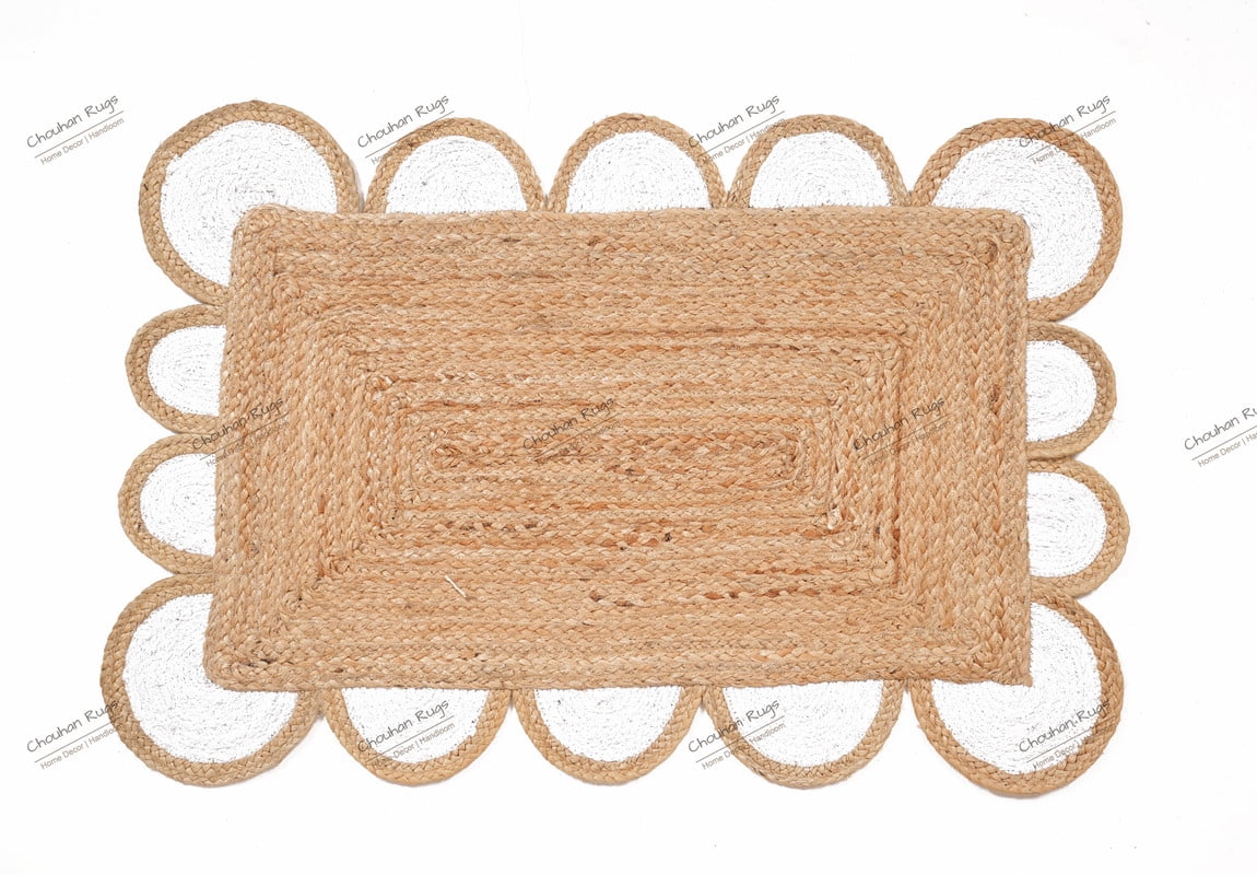 Natural Jute Rug Hand Braided Beige and White Color Scalloped Area Rug Rectangle Rug