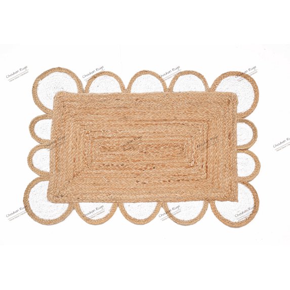 Natural Jute Rug Hand Braided Beige and White Color Scalloped Area Rug Rectangle Rug