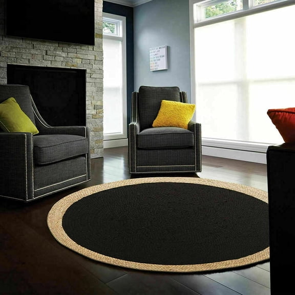 Natural Jute Rug Hand Braided Round Area Rug Handmade Rug for Home Decor (12 Feet Round (144x144 Inches), Black + Beige Border)