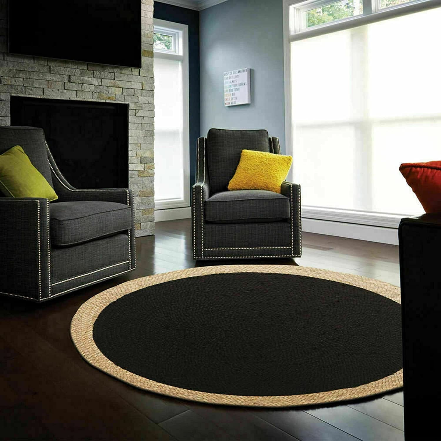 Natural Jute Rug Hand Braided Round Area Rug Handmade Rug for Home Decor (7 Feet Round (84x84 Inches), Black + Beige Border)