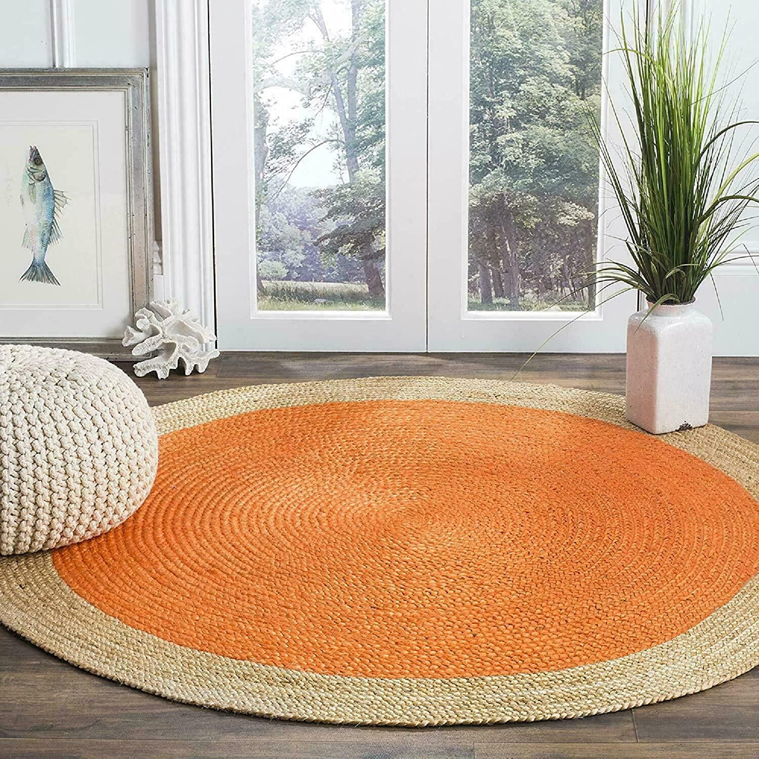 Natural Jute Rug Round Avgari Creation Handmade Area Rug Rug for Home Decor (11 Feet Round (132x132 Inches), Orange + Beige Border)