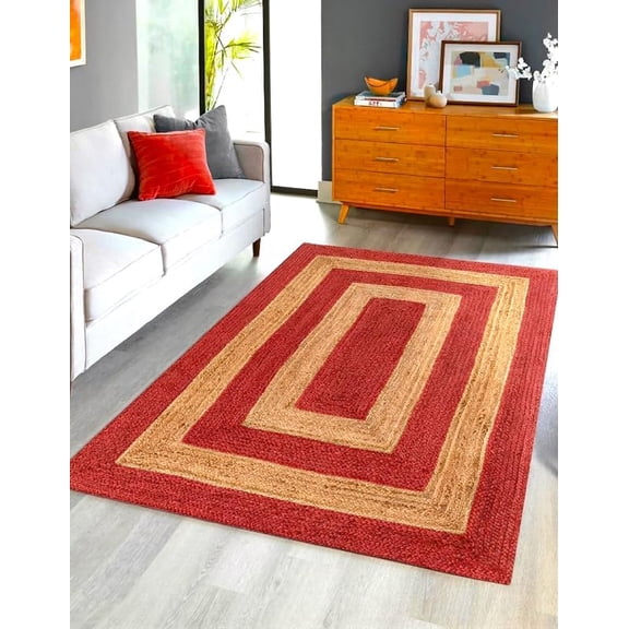 Natural Jute Rug with Red Border 6 x 8 Feet (180 x 240 cm) Handmade Large Area Rug