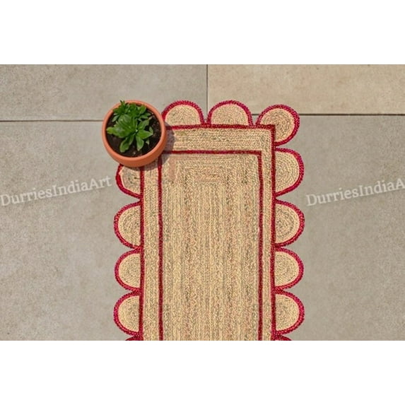 Natural Jute Scallop Boho, Handmade Braided Jute Rug, Customize in any Size, Scalloped Runner Rug Bohemian Scallop Rug, Natural Jute Rug