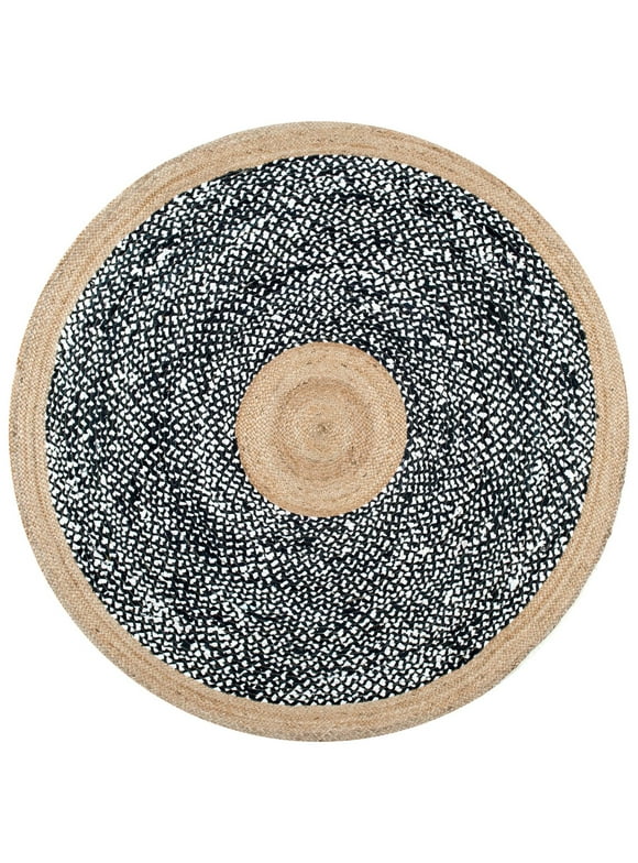 Natural Jute with Black White cotton Mix round Size 2 x 2 Feet ( 60 x 60 cm )