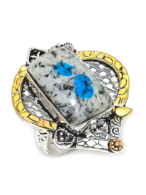 Natural K2 Azurite Gemstone 925 Sterling Silver Two Tone Ring Size 8