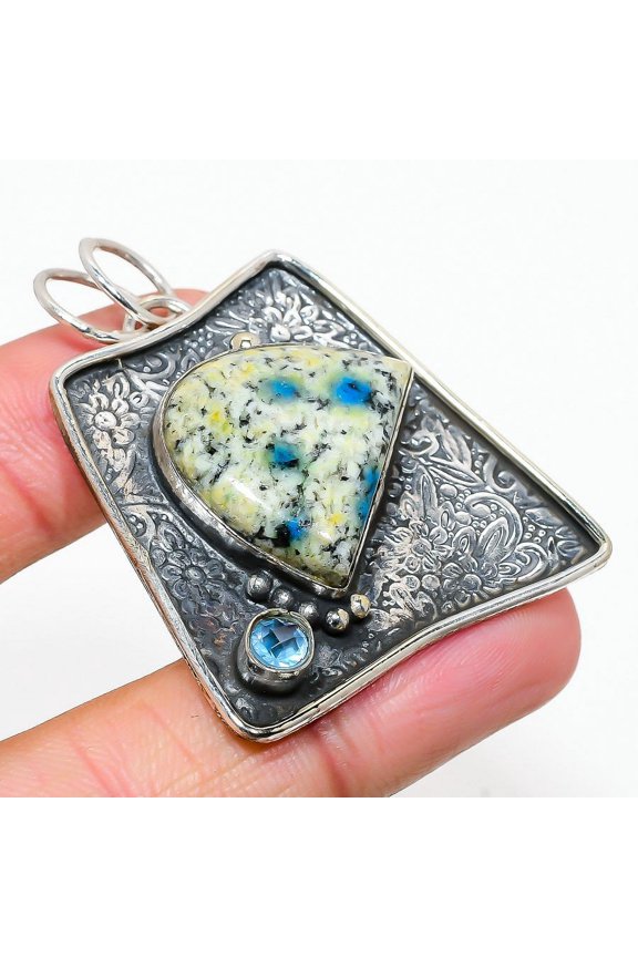 Natural K2 Blue Azurite,Blue Topaz Stone 925 Sterling Silver Pendant 2.01"