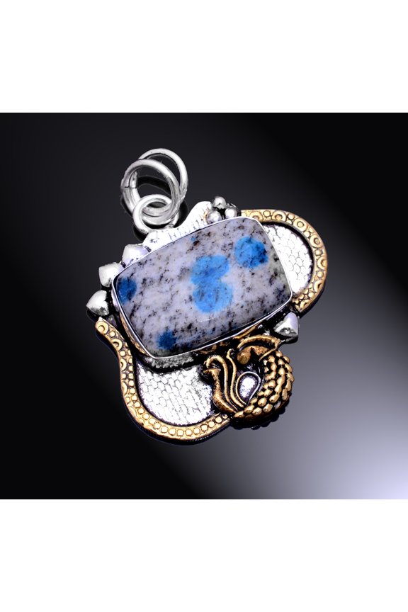 Natural K2 Blue Azurite Gemstone 925 Sterling Silver Two Tone Pendant 1.5"