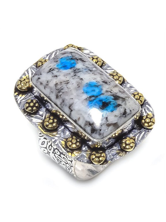 Natural K2 Blue Azurite Gemstone 925 Sterling Silver Two Tone Ring Size 10