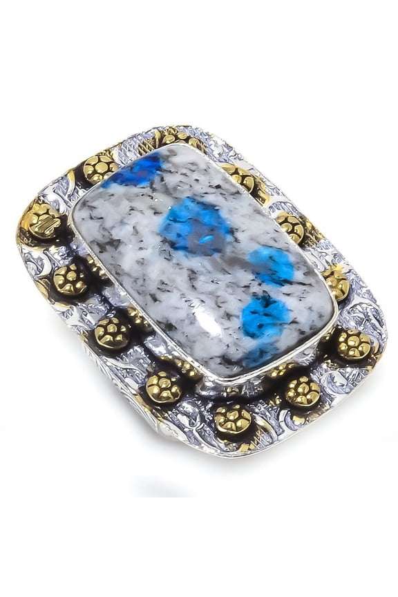 Natural K2 Blue Azurite Gemstone 925 Sterling Silver Two Tone Ring Size 7