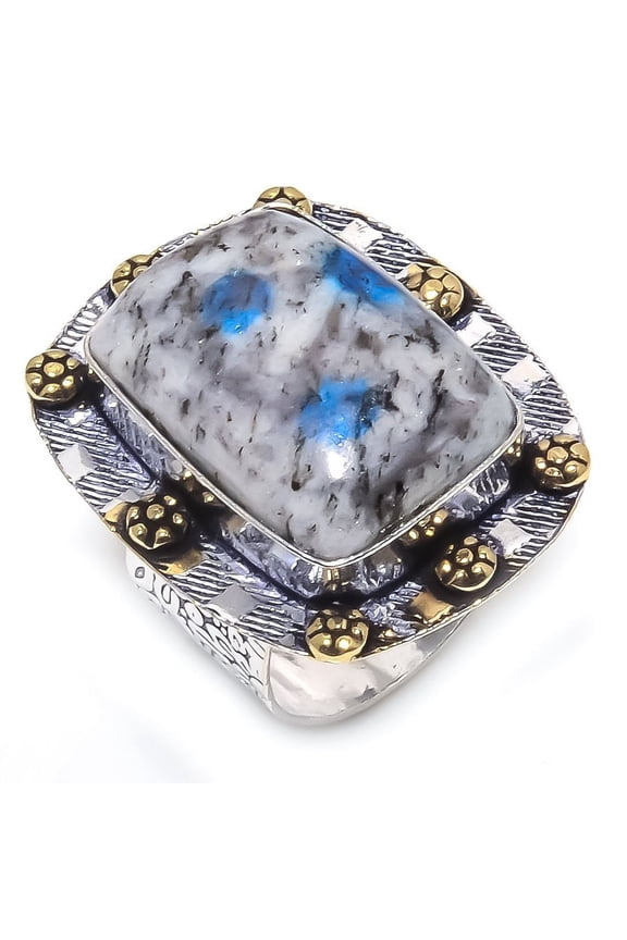 Natural K2 Blue Azurite Gemstone 925 Sterling Silver Two Tone Ring Size 9