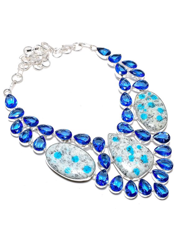 Natural K2 Blue Azurite, Topaz 925 Sterling Silver Jewelry Necklace 18"