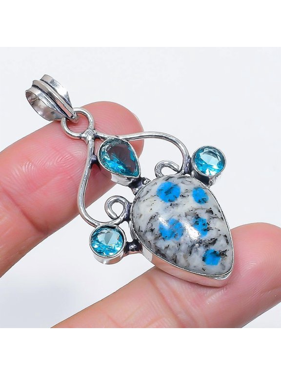 Natural K2 Blue Azurite, Topaz 925 Sterling Silver Jewelry Pendant 2.09"