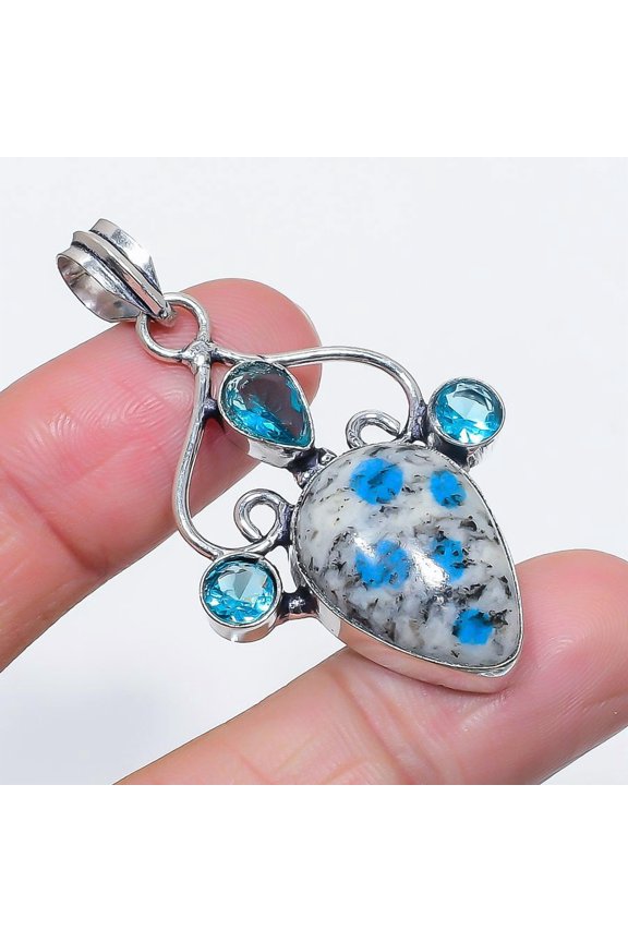 Natural K2 Blue Azurite, Topaz 925 Sterling Silver Jewelry Pendant 2.09"