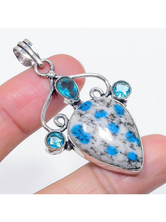 Natural K2 Blue Azurite, Topaz 925 Sterling Silver Jewelry Pendant 2.29"