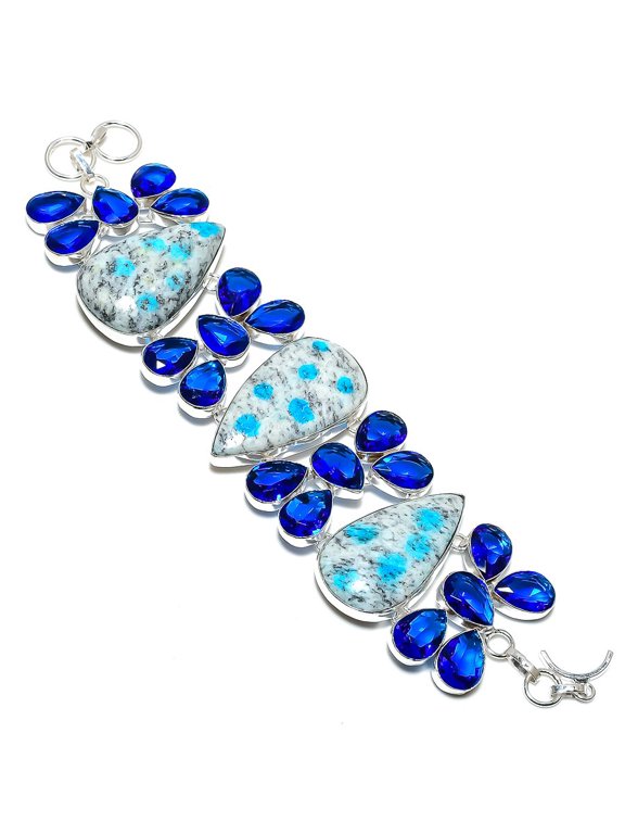 Natural K2 Blue Azurite, Topaz Gemstone 925 Sterling Silver Bracelet 7-8"