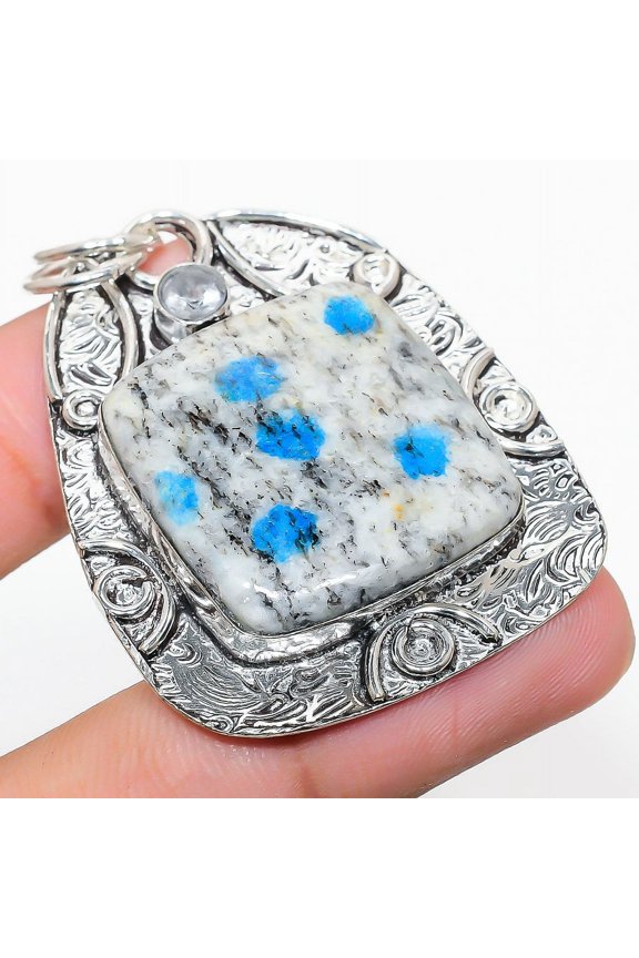 Natural K2 Blue Azurite, White Topaz 925 Sterling Silver Pendant 2.17"