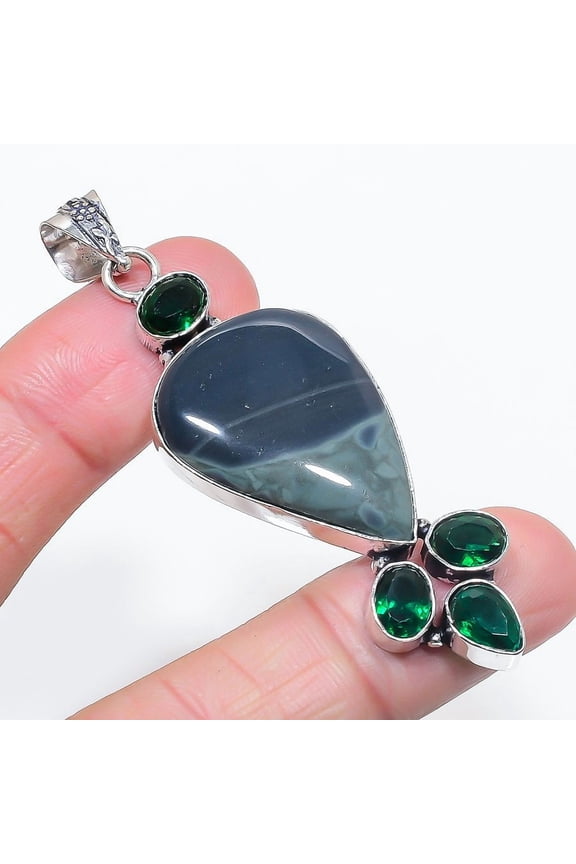 Natural Kambaba Jasper, Diopside 925 Sterling Silver Jewelry Pendant 2.76"