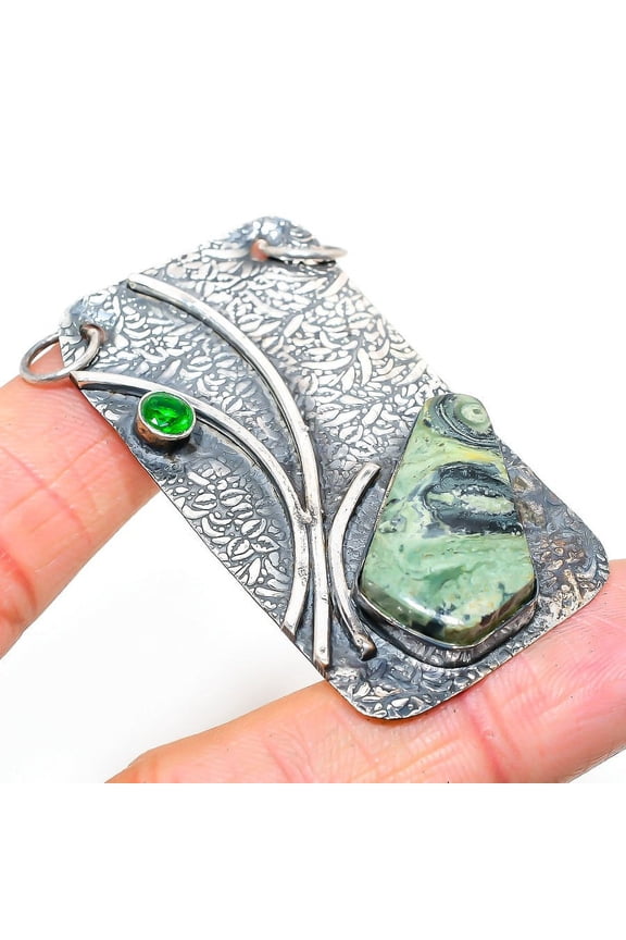 Natural Kambaba Jasper, Peridot Gemstone 925 Sterling Silver Pendant 2.44"
