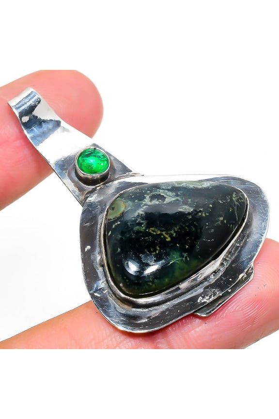 Natural Kambaba Jasper,Tsavorite Gemstone 925 Sterling Silver Pendant 2.01"