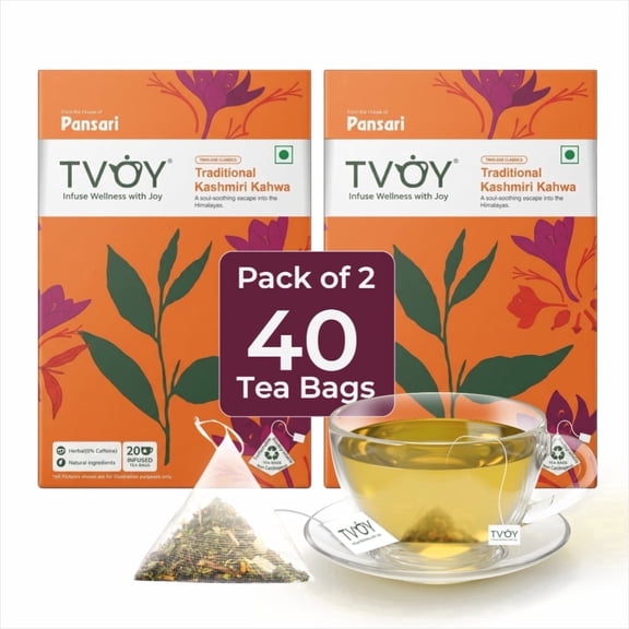 Natural Kashmir Kahwa Green Tea 20 Pyramid Tea Bags - Premium Blend with Ginger, Cardamom, Turmeric, and Saffron, Naturally and Ideally Balanced for Wellness and Bold Flavor - Pack of 2