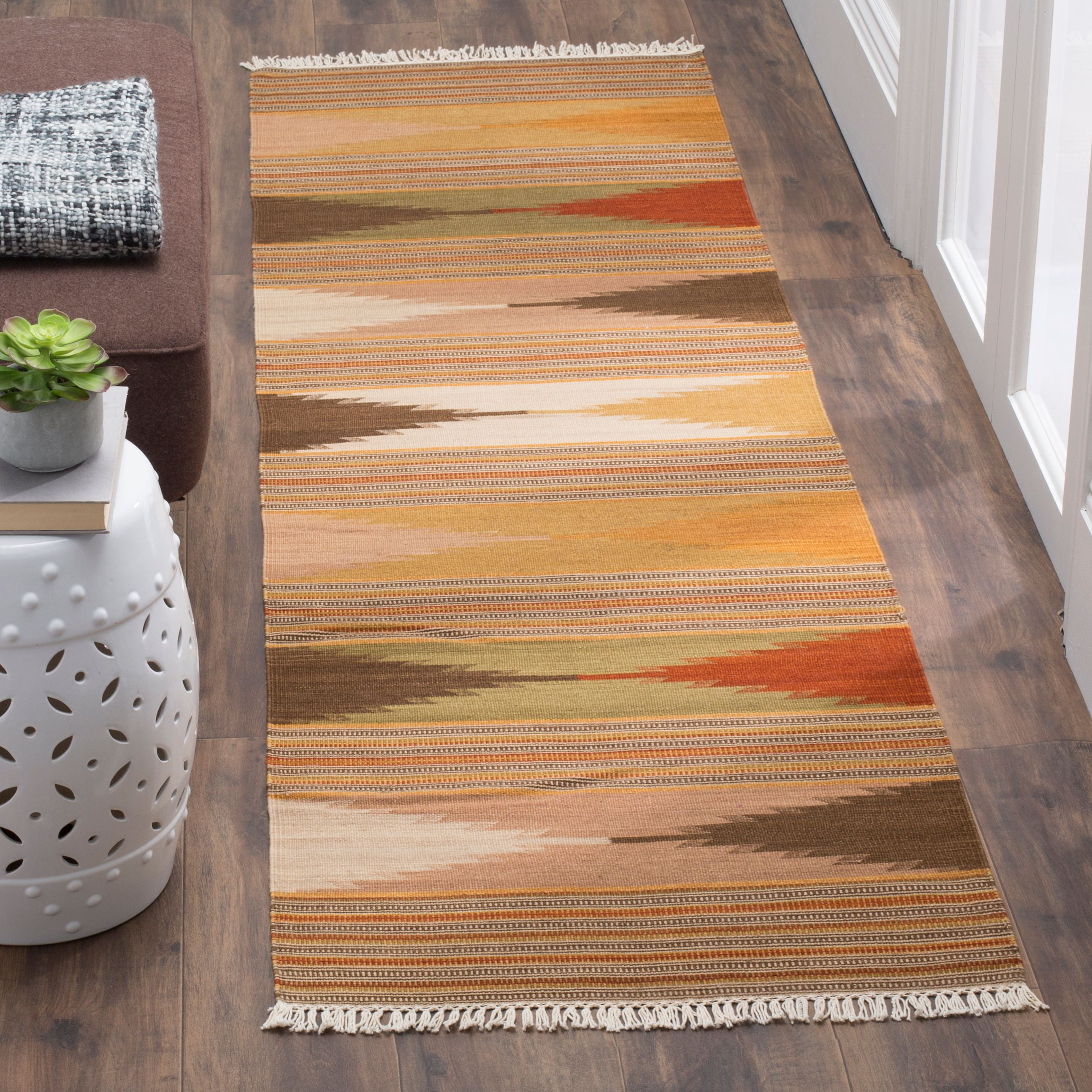Hand-Knotted Red and Natural Wool Geometric Runner Rug