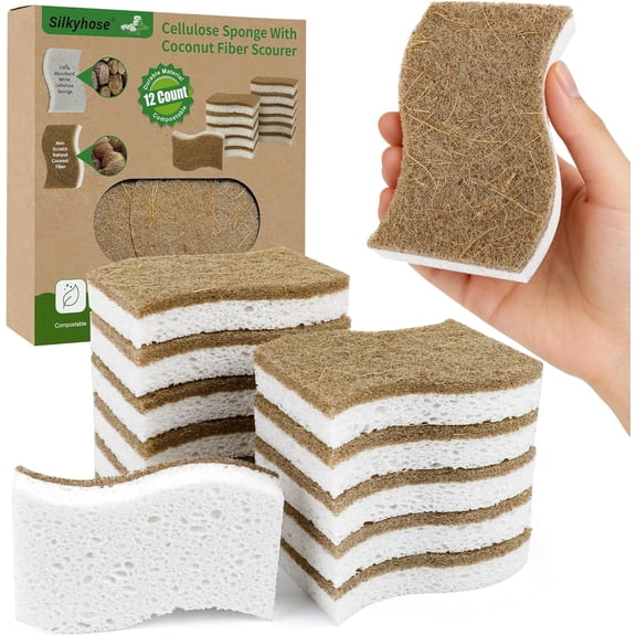 Natural Kitchen Sponges, Biodegradable & Compostable | Non-Scratch Cellulose Coconut Fiber Sponges for Dishes, Pots & Pans | Eco-Friendly Cleaning Sponge (12)