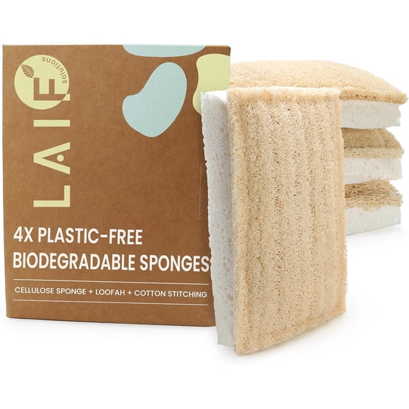 Natural Kitchen Sponges Eco-Friendly, Compostable Dish Sponges Loofah & Cellulose Scrubbers Plastic-Free, Zero-Waste, Biodegradable Durable, Non-Scratch Pack of 4