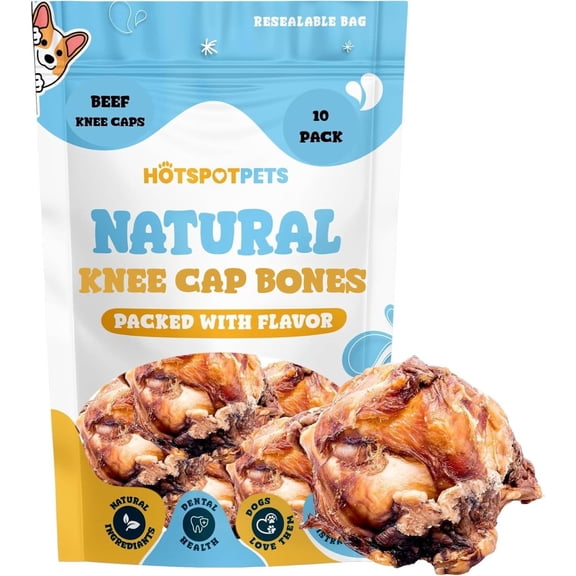 Natural Knee Cap Dog Bones (10 Pack) Dog Treats for Aggressive Chewers, Low Fat and High Protein Dental Chews for All Breeds, Long Lasting and Rawhide Alternatives