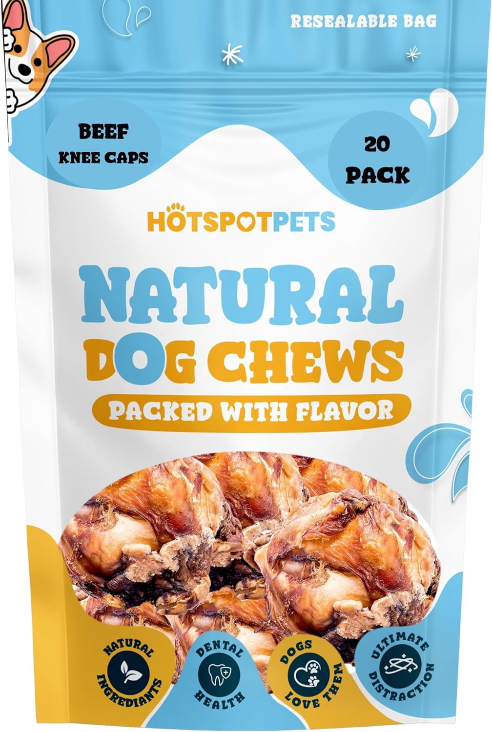 Natural Knee Cap Dog Bones (20 Pack) Dog Treats for Aggressive Chewers, Long Lasting and Rawhide Alternatives