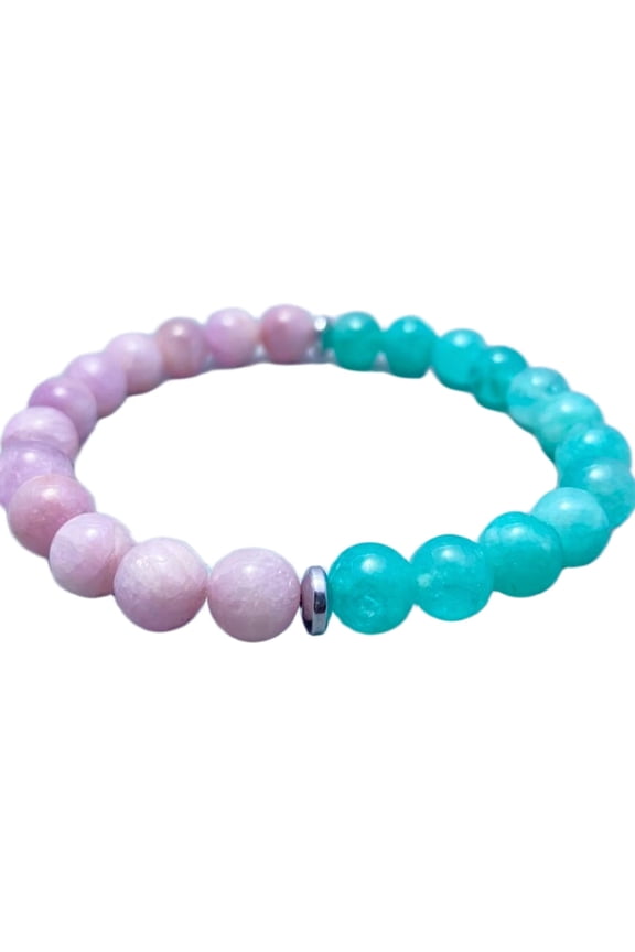 Natural Kunzite & Blue Jade 8mm Round Shape Smooth Cut Beads Stretchable Bracelet For Men & Women. Unisex Bracelet