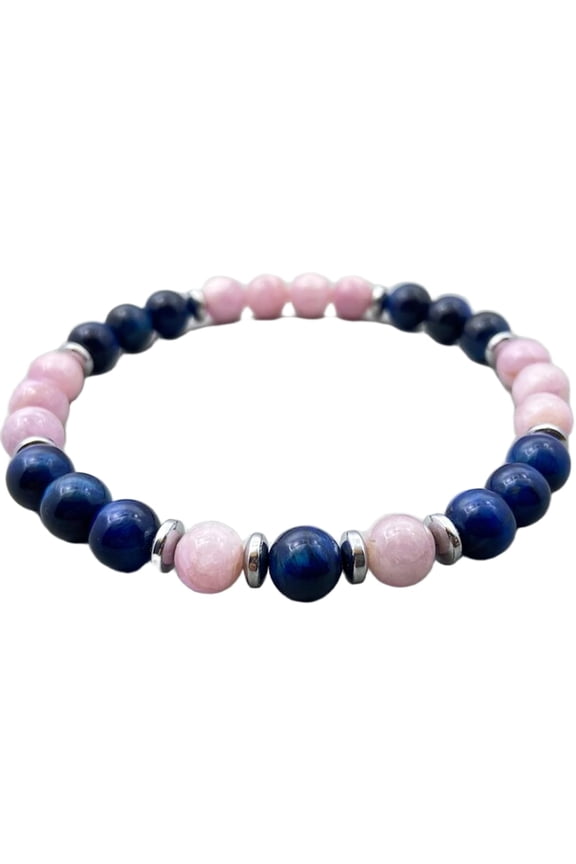 Natural Kunzite & Blue Tigers Eye 8mm Round Shape Smooth Cut Beads Stretchable Bracelet For Men & Women. Unisex Bracelet
