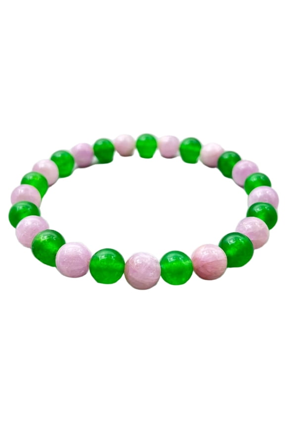 Natural Kunzite & Green Jade 8mm Round Shape Smooth Cut Beads Stretchable Bracelet For Men & Women. Unisex Bracelet