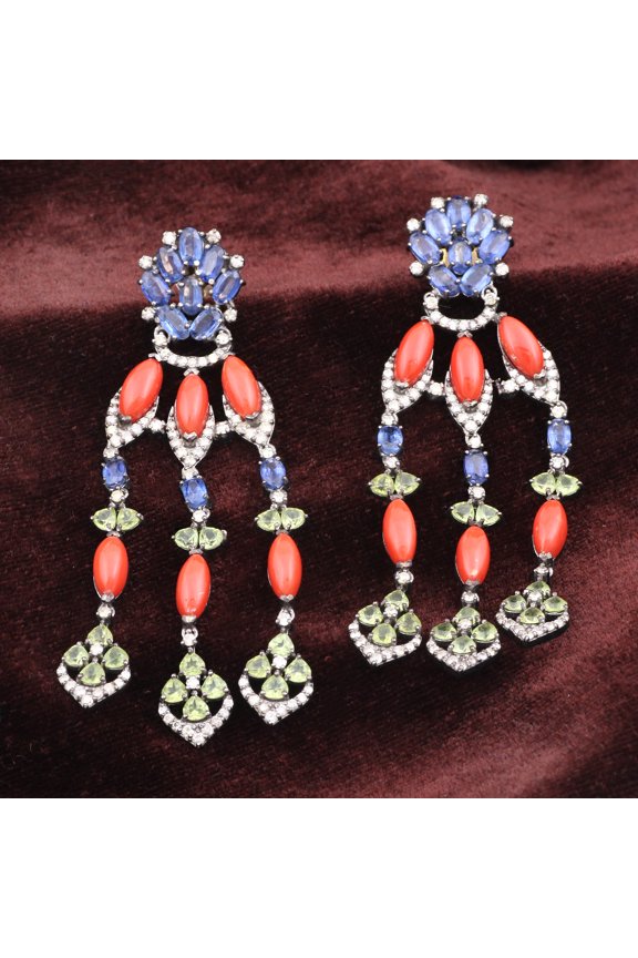 Natural Kyanite Coral,Peridot,Diamond Gemstone 925 Sterling Silver Earrings