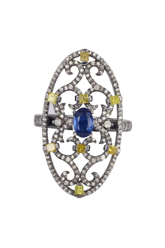 Natural Kyanite Diamond Gemstone 925 Sterling Silver Victorian Ring