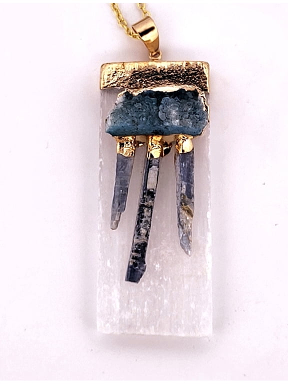 Natural Kyanite, Selenite & Blue Geode Crystal Gold Necklace NKSBGCGN2