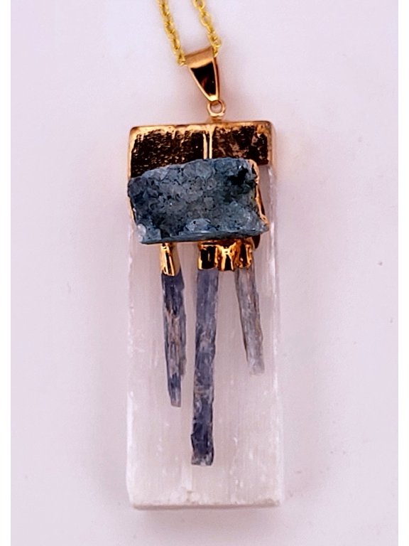 Natural Kyanite, Selenite & Blue Geode Crystal Gold Necklace NKSBGCGN