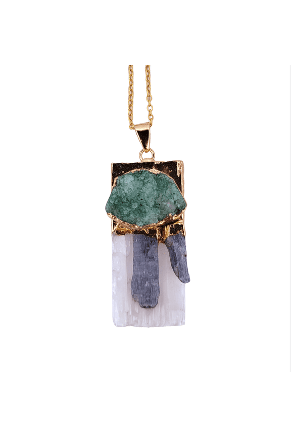 Natural Kyanite, Selenite & Green Geode Crystal Gold Necklace