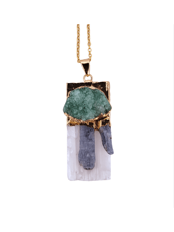 Natural Kyanite, Selenite & Green Geode Crystal Gold Necklace