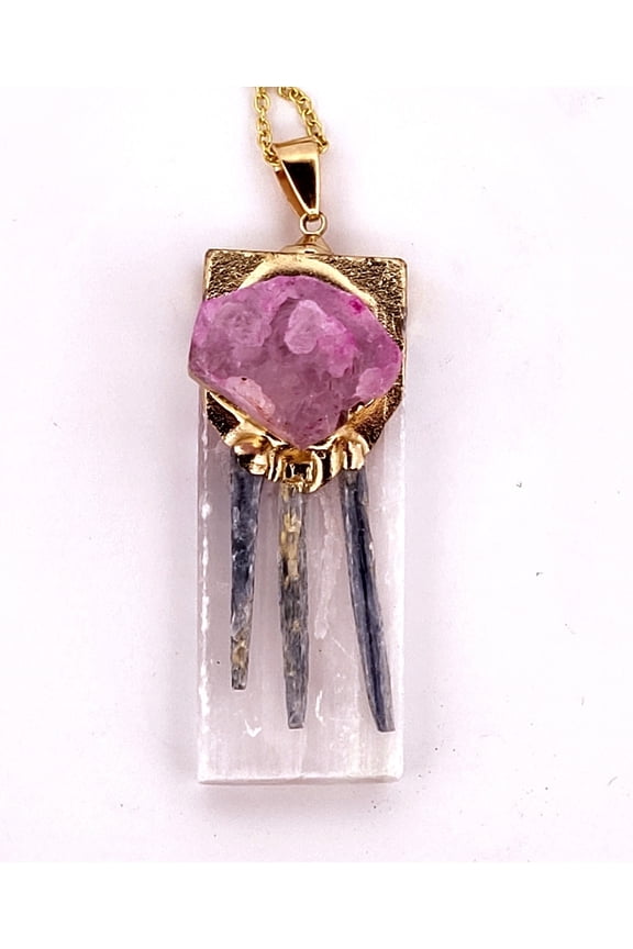 Natural Kyanite, Selenite & Pink Geode Crystal Gold Necklace NKSPGCGN2