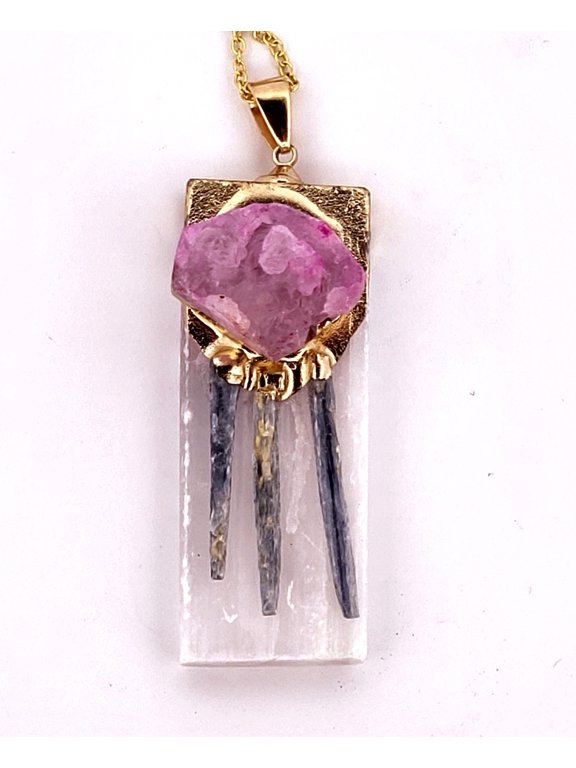 Natural Kyanite, Selenite & Pink Geode Crystal Gold Necklace NKSPGCGN2