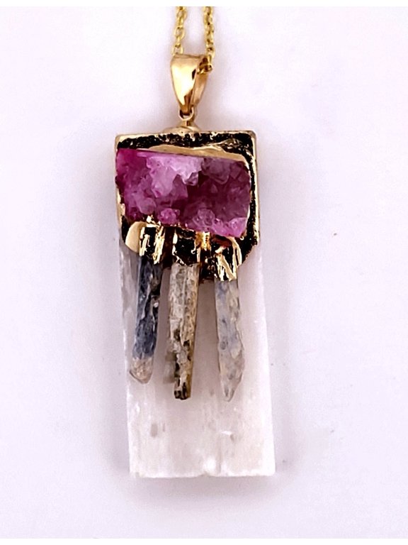 Natural Kyanite, Selenite & Pink Geode Crystal Gold Necklace NKSPGCGN3