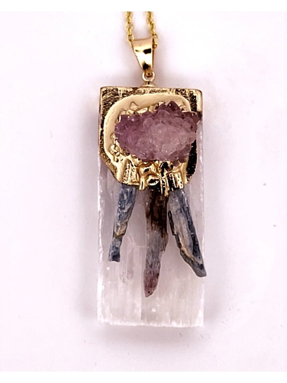 Natural Kyanite, Selenite & Pink Geode Crystal Gold Necklace NKSPGCGN